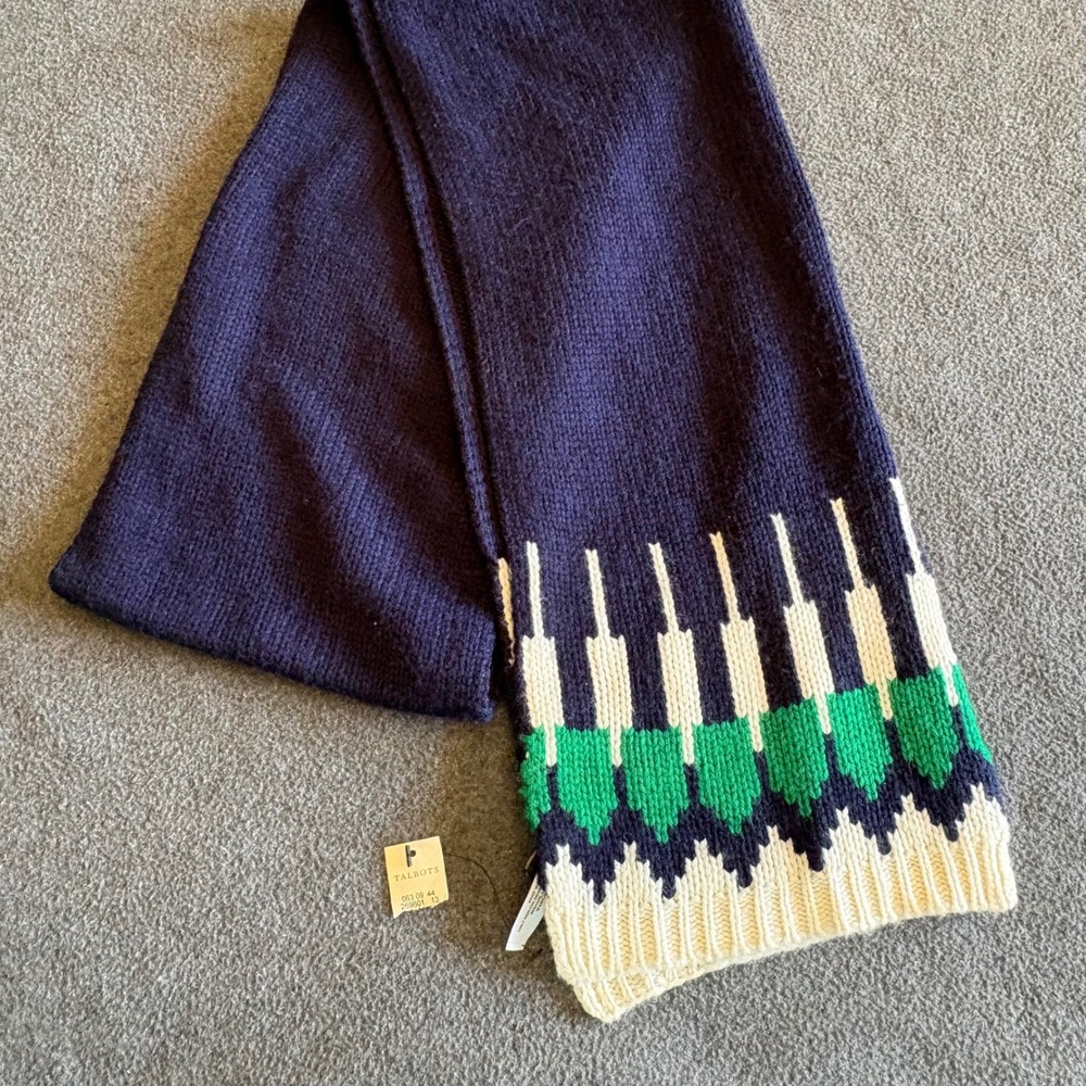 Talbots Navy Blue Green Ivory Geometric Knit Wool Blend Scarf 269601-13